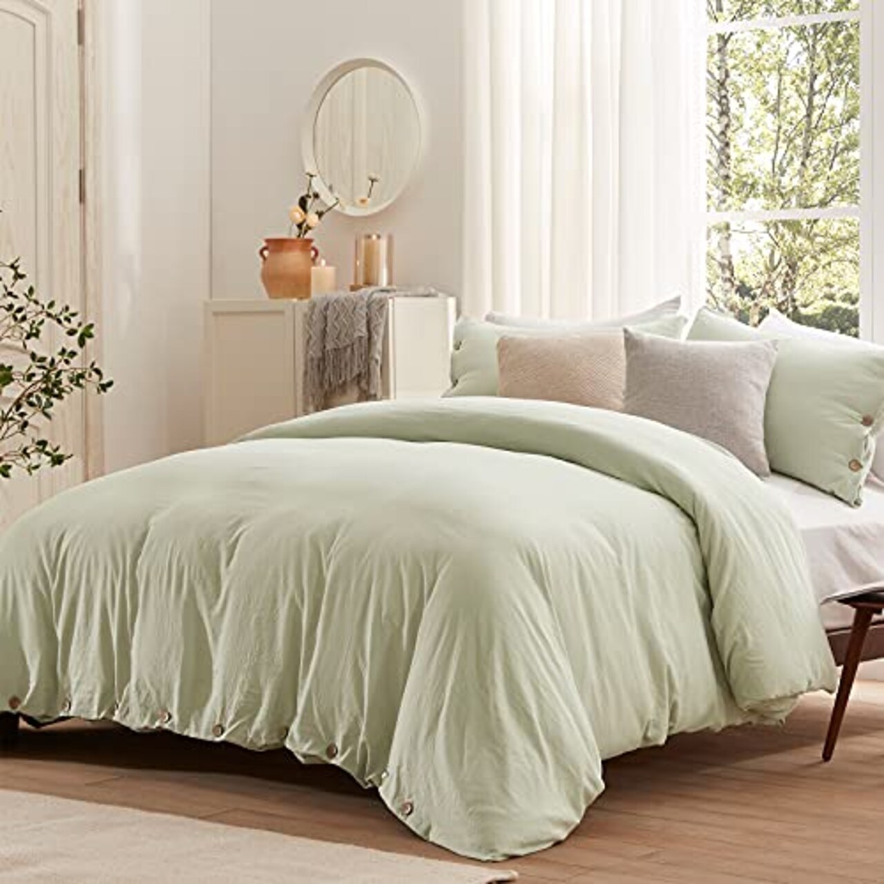 Sage Green Duvet Cover Sets Queen Size 3 Piece Double Brushed Microfiber Queen Duvet Cover with Button Closure & Corner Tie 1 Breathable and Soft Duvet Cover 90x90 inches + 2 Pillow Shams